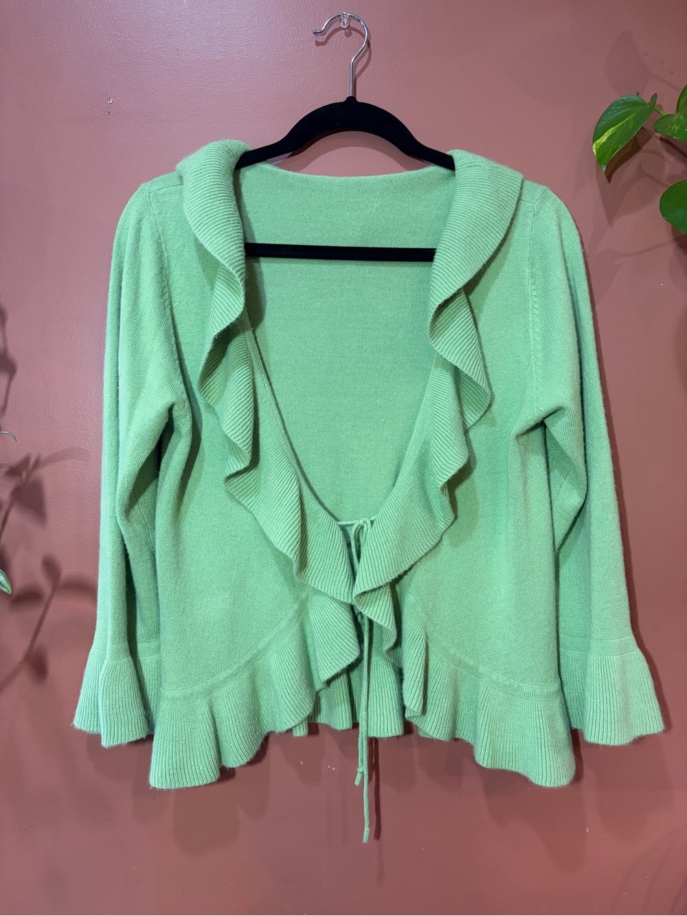 Light Iguana Green Ruffle-Trim Women's Tie Sweater Cardigan